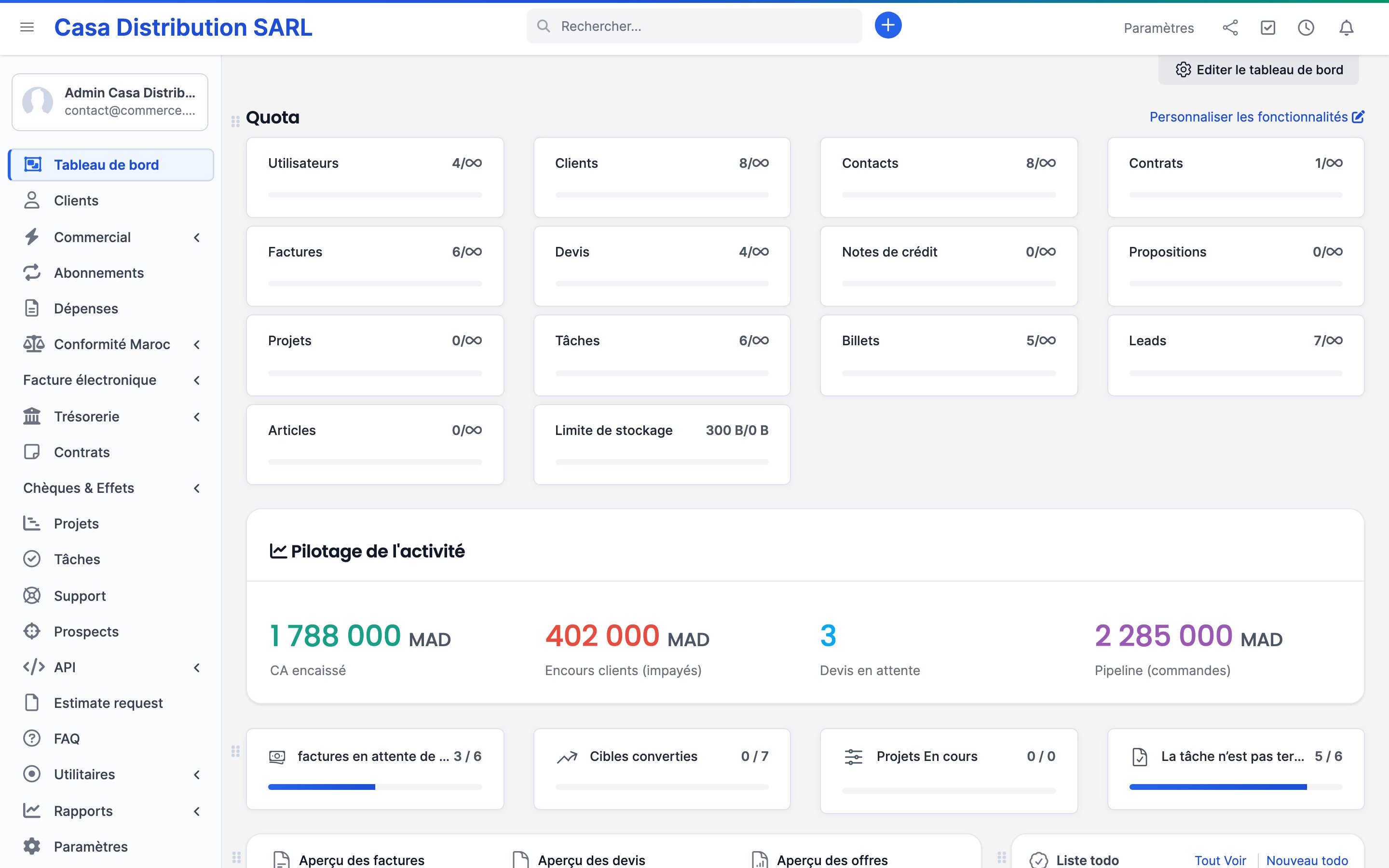 Commerce — Ventes, impayés et pipeline commandes
